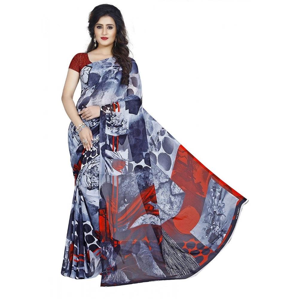 Generic Women's Faux Georgette Printed Saree With Unstitched Blouse 5.5Mtr (Black) - MYLUXURY LANE ENTERPRISE
