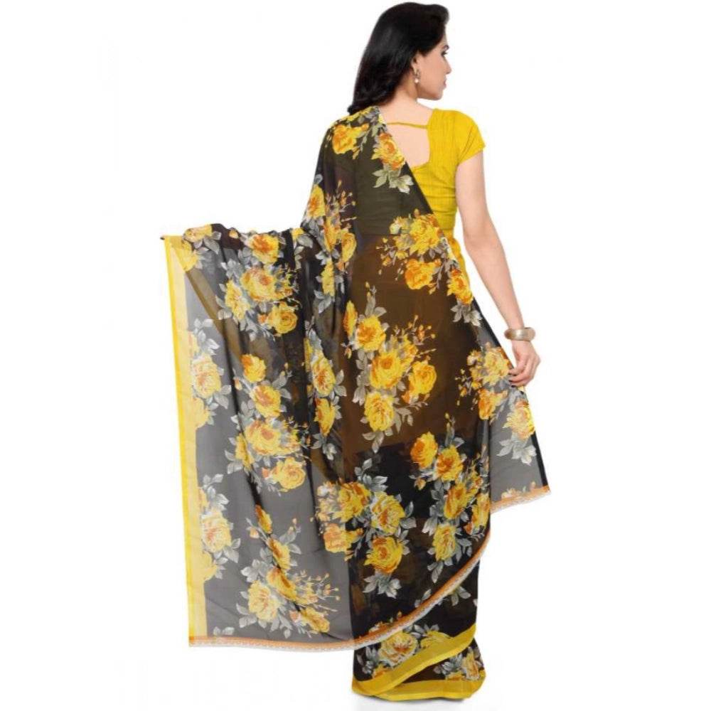 Generic Women's Faux Georgette Printed Saree With Unstitched Blouse 5.5Mtr (Yellow) - MYLUXURY LANE ENTERPRISE