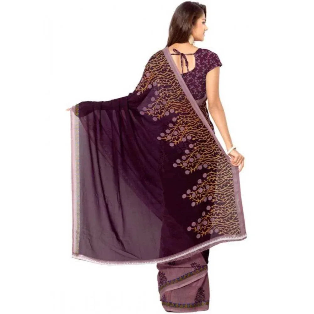 Generic Women's Faux Georgette Printed Saree With Unstitched Blouse 5.5Mtr (Wine) - MYLUXURY LANE ENTERPRISE