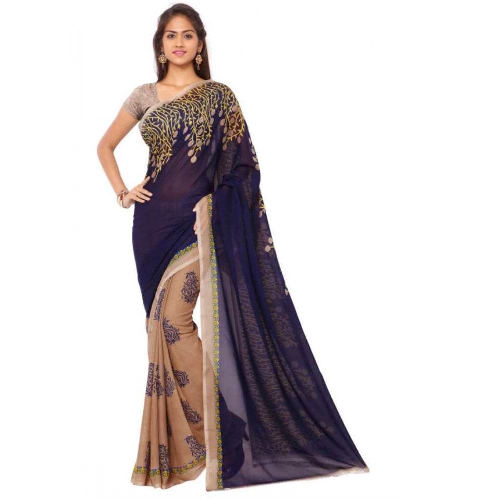 Generic Women's Faux Georgette Printed Saree With Unstitched Blouse 5.5Mtr (Blue) - MYLUXURY LANE ENTERPRISE