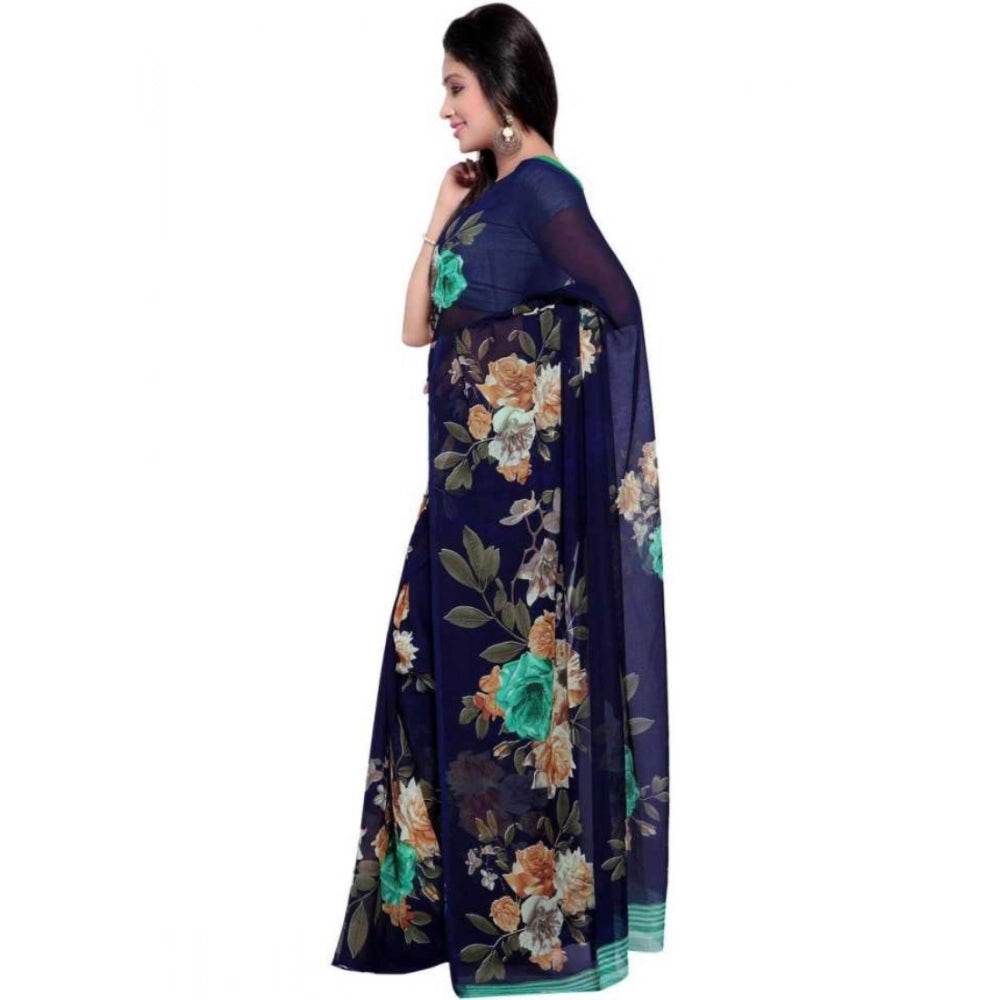 Generic Women's Faux Georgette Printed Saree With Unstitched Blouse 5.5Mtr (Blue) - MYLUXURY LANE ENTERPRISE