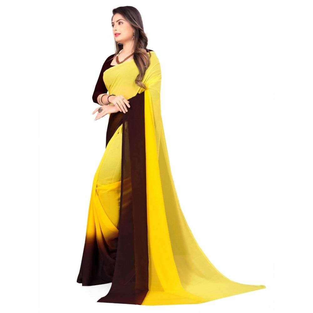 Generic Women's Georgette Solid Saree With Unstitched Blouse 5.5Mtr (Yellow) - MYLUXURY LANE ENTERPRISE