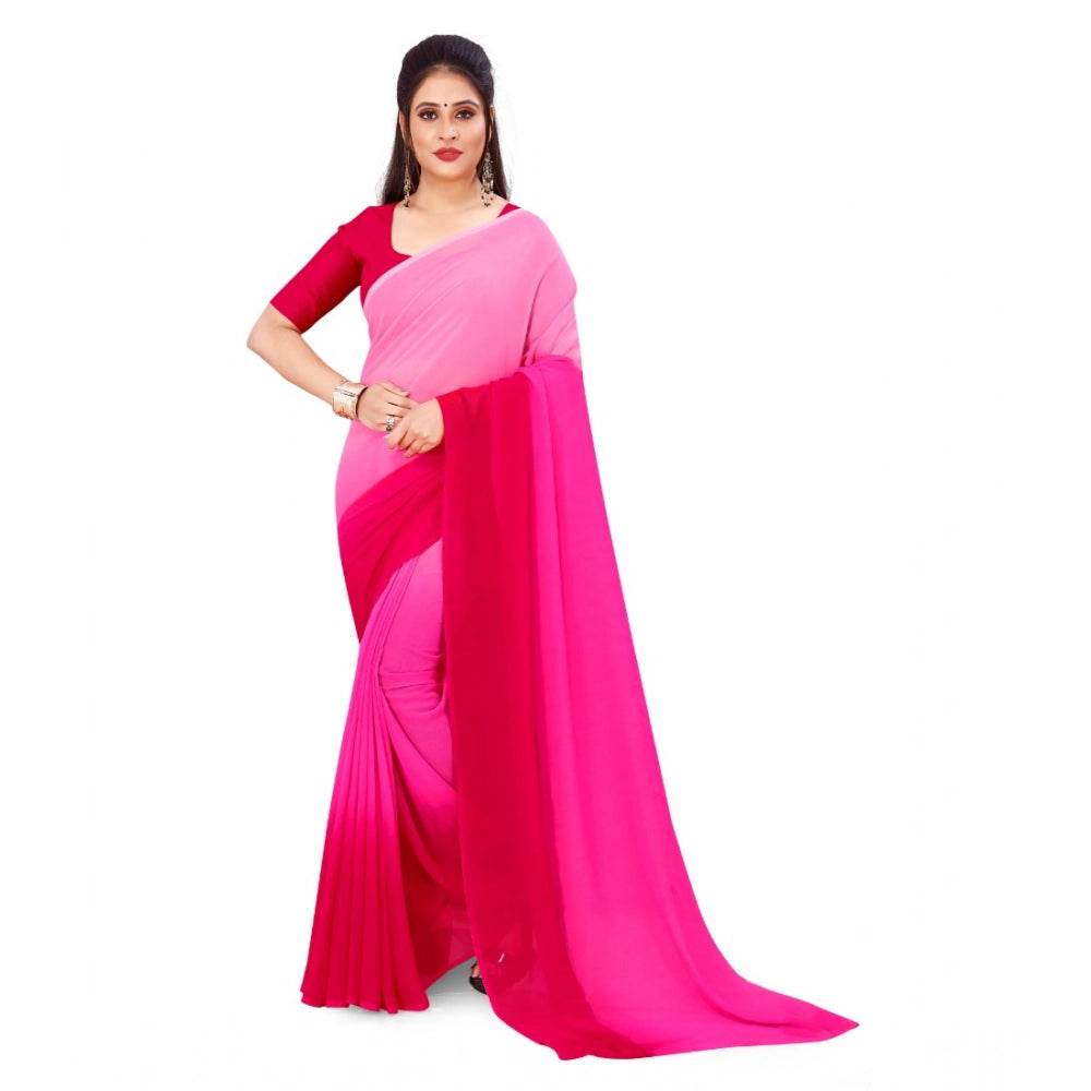 Generic Women's Georgette Solid Saree With Unstitched Blouse 5.5Mtr (Pink) - MYLUXURY LANE ENTERPRISE