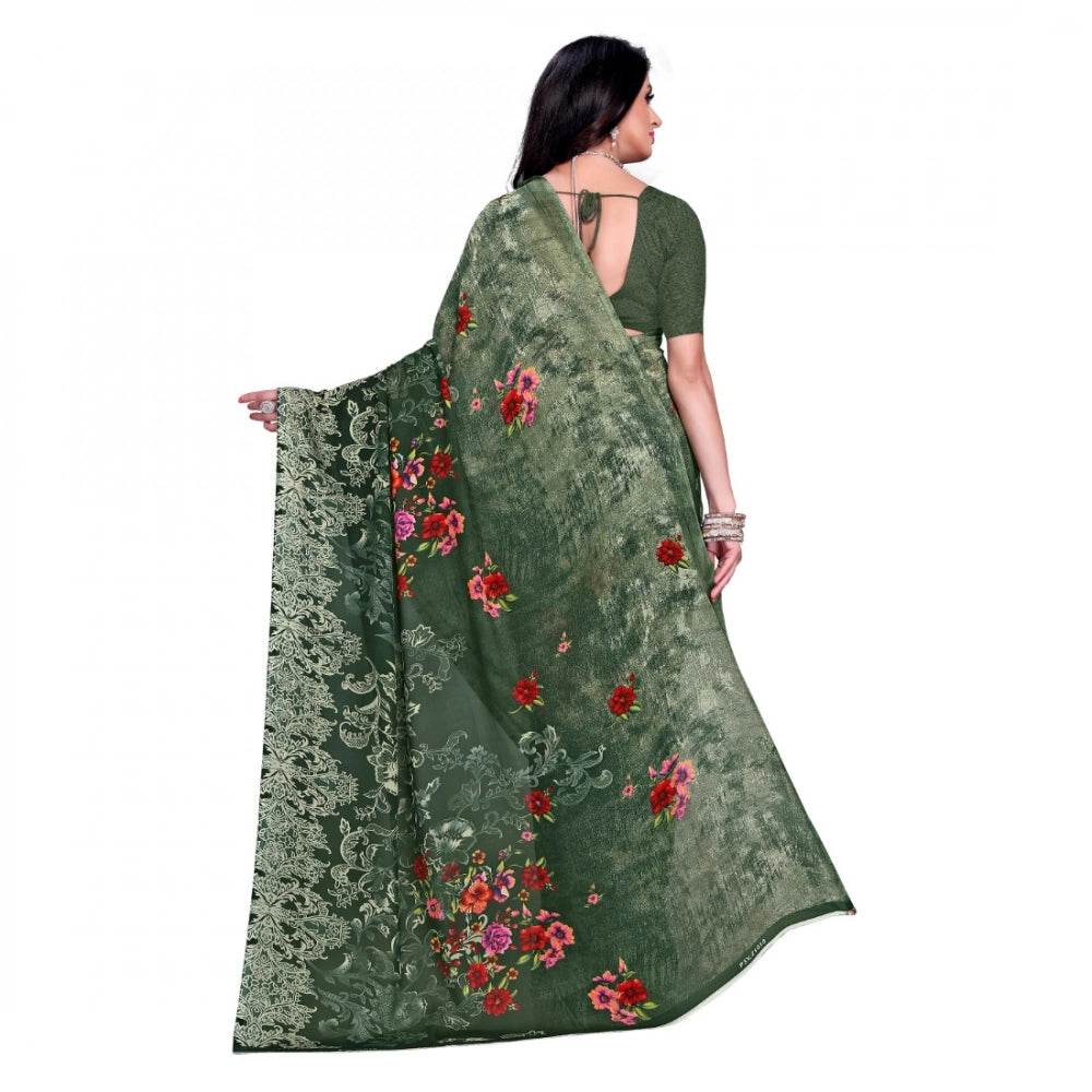 Generic Women's Faux Georgette Printed Saree With Unstitched Blouse 5.5Mtr (Green) - MYLUXURY LANE ENTERPRISE