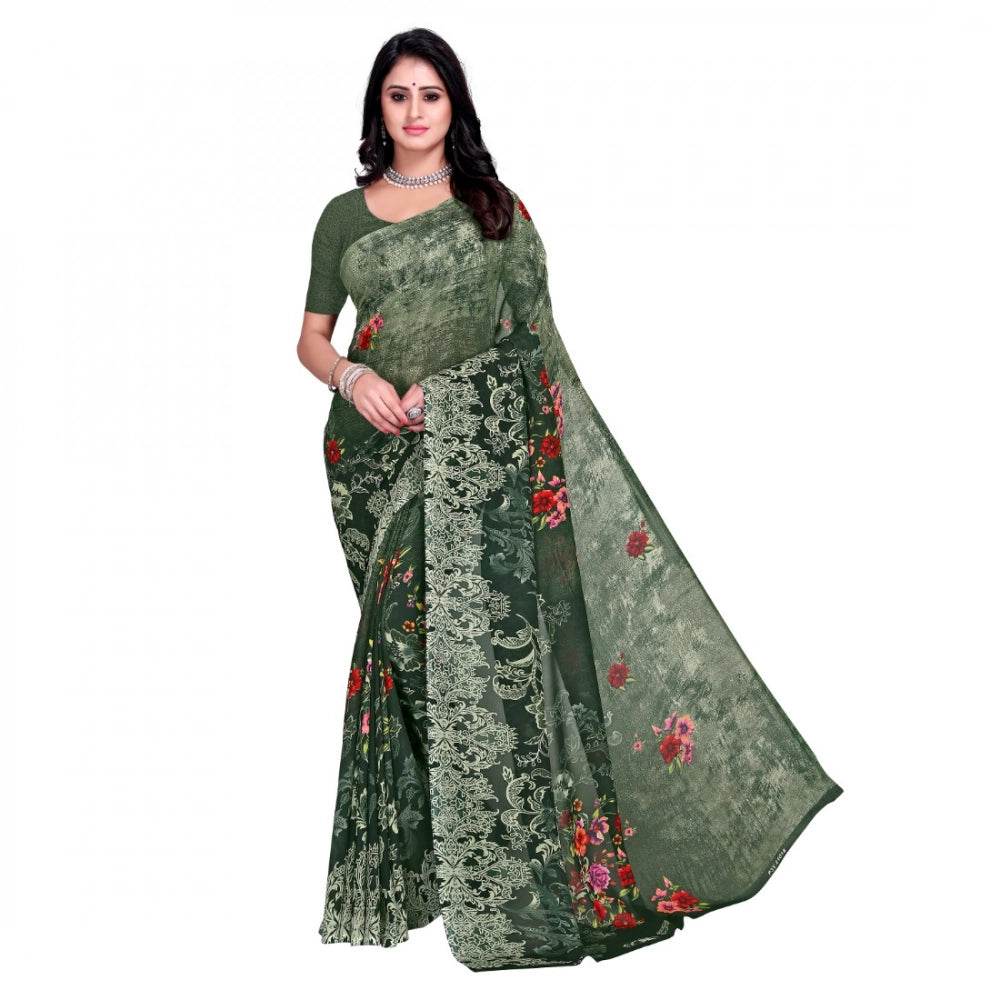 Generic Women's Faux Georgette Printed Saree With Unstitched Blouse 5.5Mtr (Green) - MYLUXURY LANE ENTERPRISE