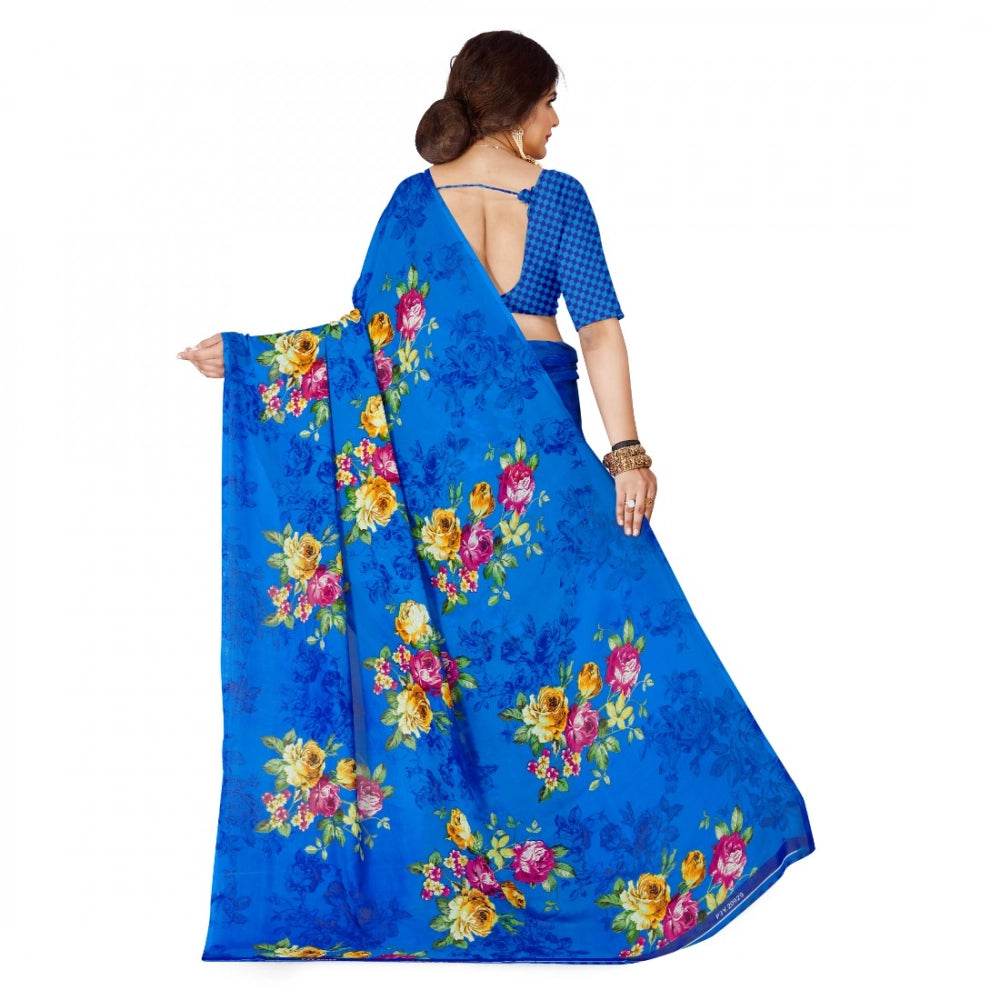 Generic Women's Faux Georgette Printed Saree With Unstitched Blouse 5.5Mtr (Blue) - MYLUXURY LANE ENTERPRISE