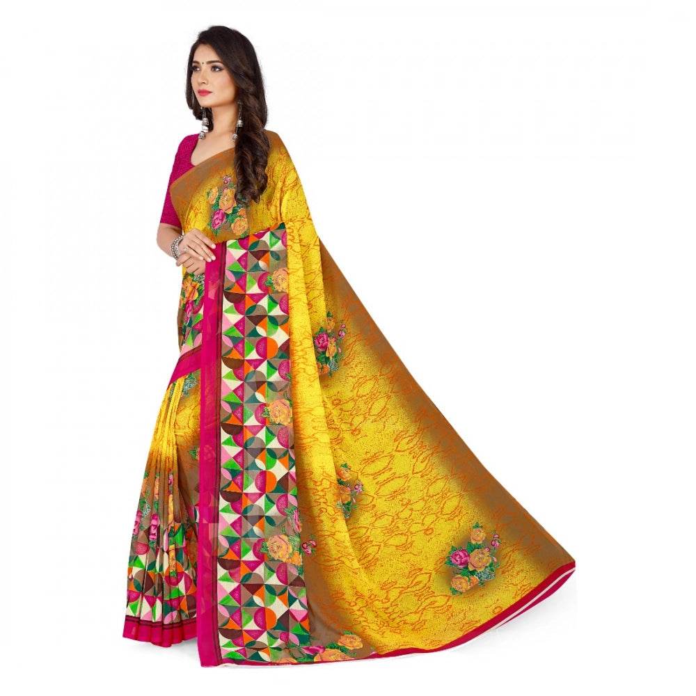 Generic Women's Faux Georgette Printed Saree With Unstitched Blouse 5.5Mtr (Yellow) - MYLUXURY LANE ENTERPRISE