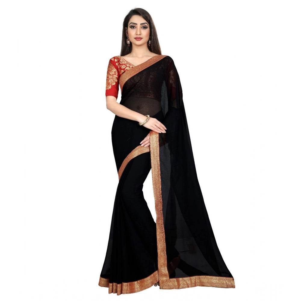 Generic Women's Chiifon Saree Printed Saree With Unstitched Blouse 5.5Mtr (Black) - MYLUXURY LANE ENTERPRISE