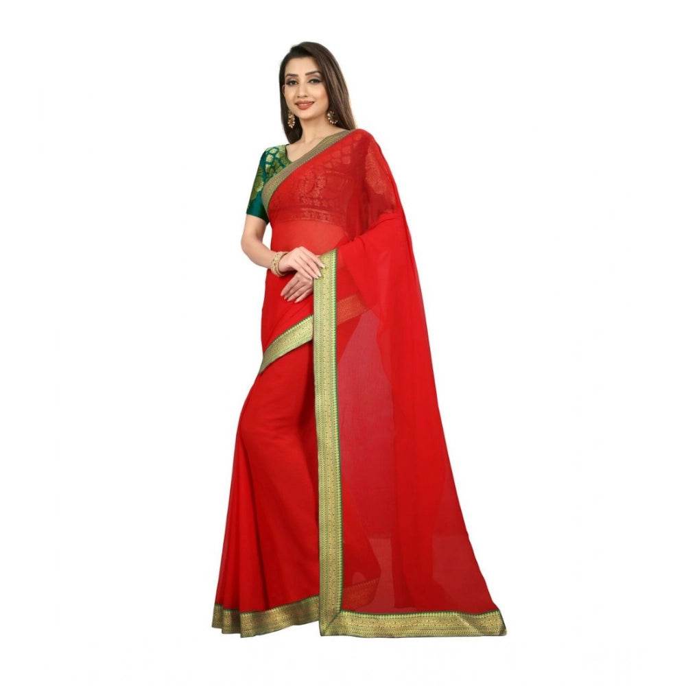 Generic Women's Chiifon Saree Printed Saree With Unstitched Blouse 5.5Mtr (Red) - MYLUXURY LANE ENTERPRISE