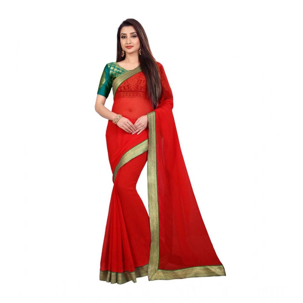 Generic Women's Chiifon Saree Printed Saree With Unstitched Blouse 5.5Mtr (Red) - MYLUXURY LANE ENTERPRISE