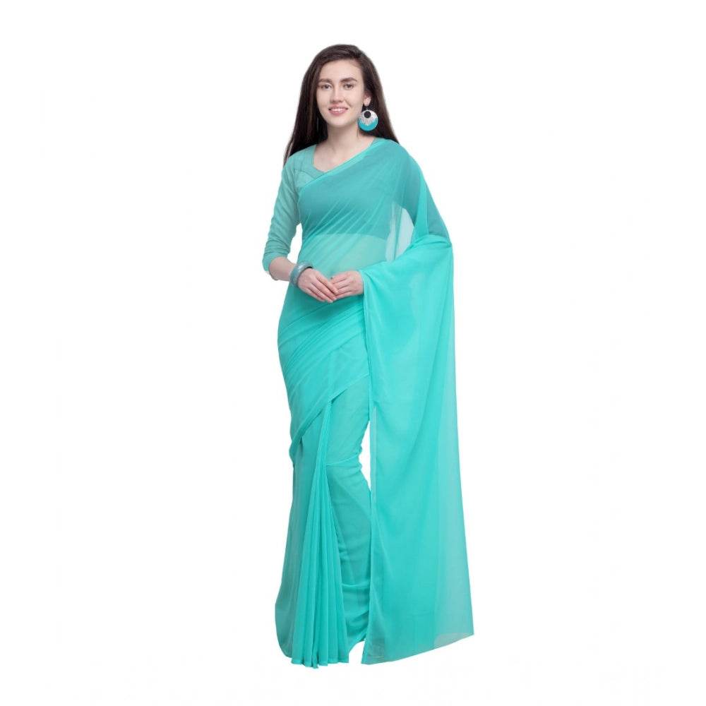 Generic Women's Dyed Solid Saree With Unstitched Blouse 5.5Mtr (Seablue) - MYLUXURY LANE ENTERPRISE