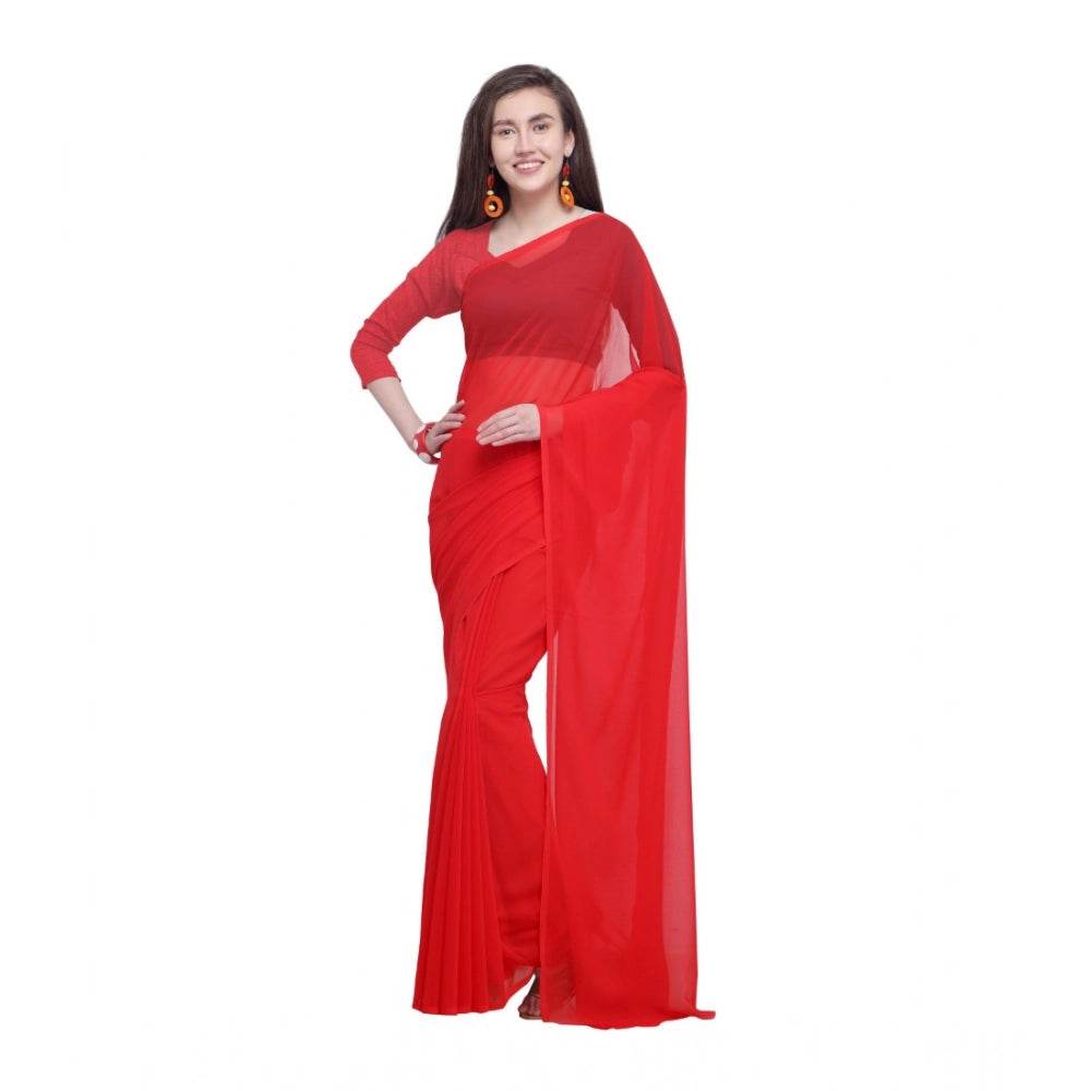 Generic Women's Dyed Solid Saree With Unstitched Blouse 5.5Mtr (Red) - MYLUXURY LANE ENTERPRISE