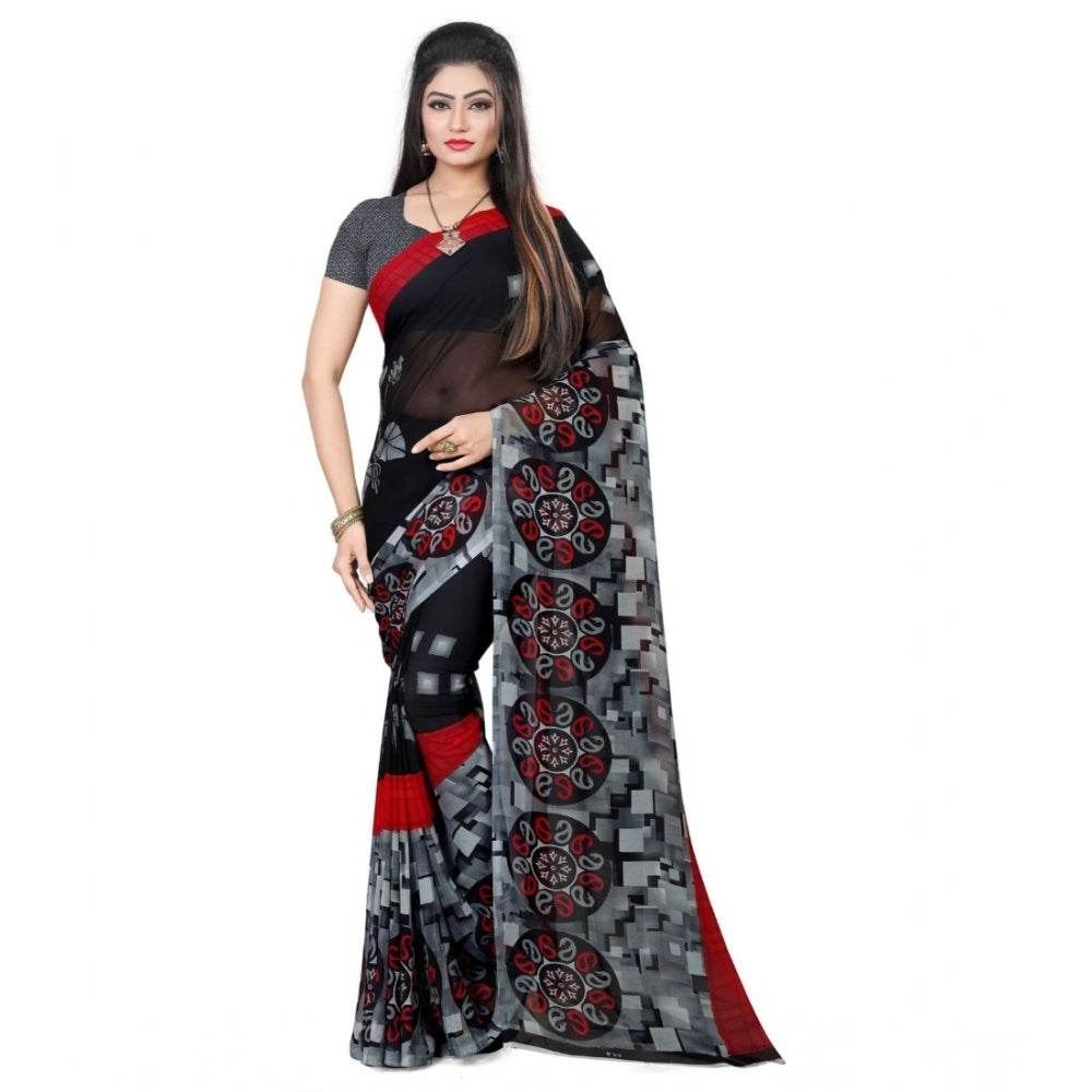 Generic Women's Georgette Printed Saree With Unstitched Blouse 5.5Mtr (Black) - MYLUXURY LANE ENTERPRISE