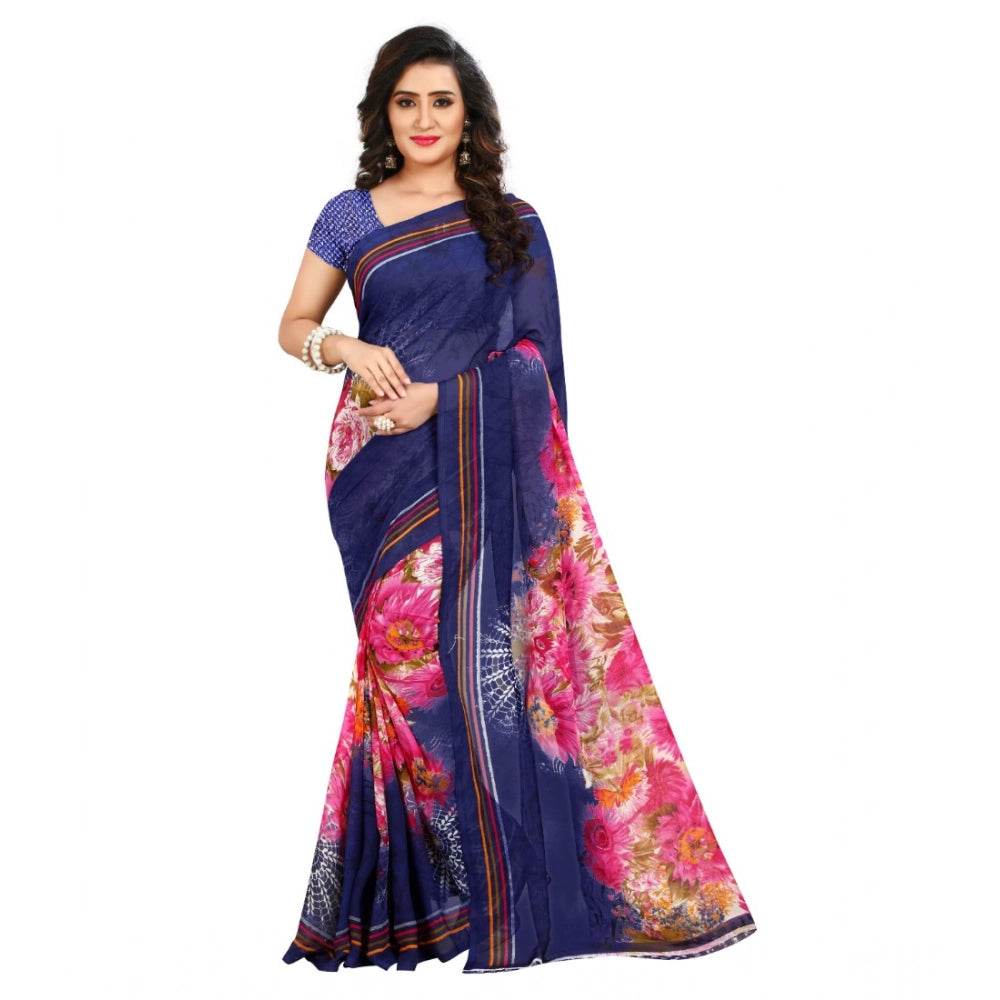 Generic Women's Georgette Printed Saree With Unstitched Blouse 5.5Mtr (Blue) - MYLUXURY LANE ENTERPRISE