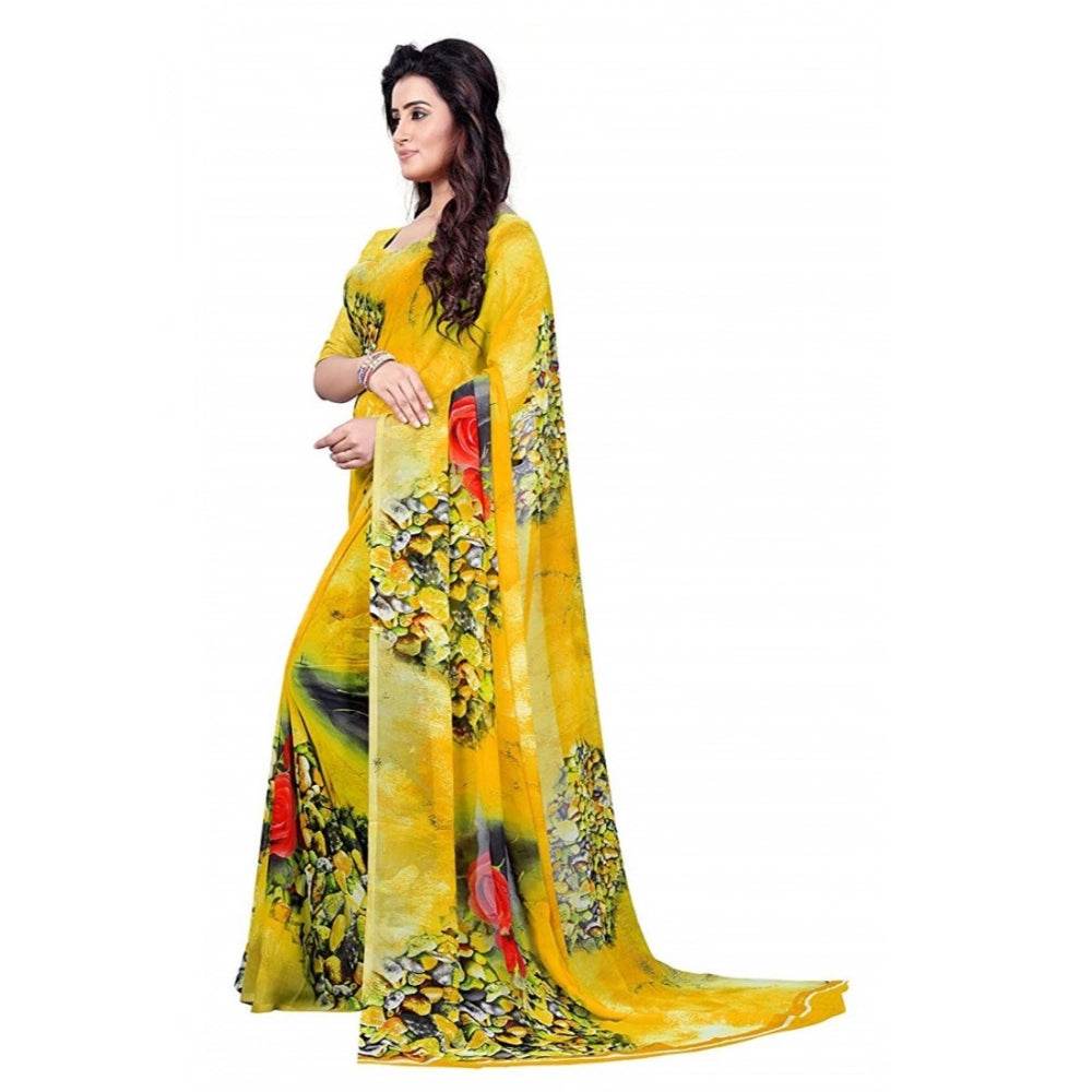 Generic Women's Faux Georgette Printed Saree With Unstitched Blouse 5.5Mtr (Yellow) - MYLUXURY LANE ENTERPRISE