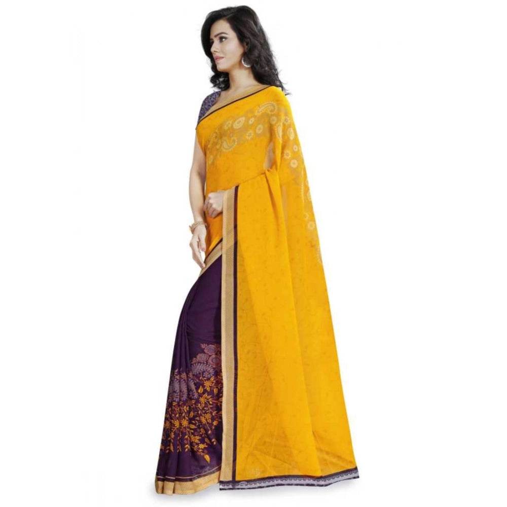 Generic Women's Faux Georgette Printed Saree With Unstitched Blouse 5.5Mtr (Yellow) - MYLUXURY LANE ENTERPRISE