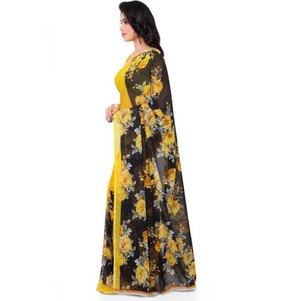 Generic Women's Faux Georgette Printed Saree With Unstitched Blouse 5.5Mtr (Yellow) - MYLUXURY LANE ENTERPRISE