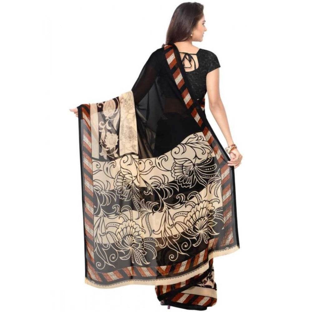 Generic Women's Faux Georgette Printed Saree With Unstitched Blouse 5.5Mtr (Black) - MYLUXURY LANE ENTERPRISE