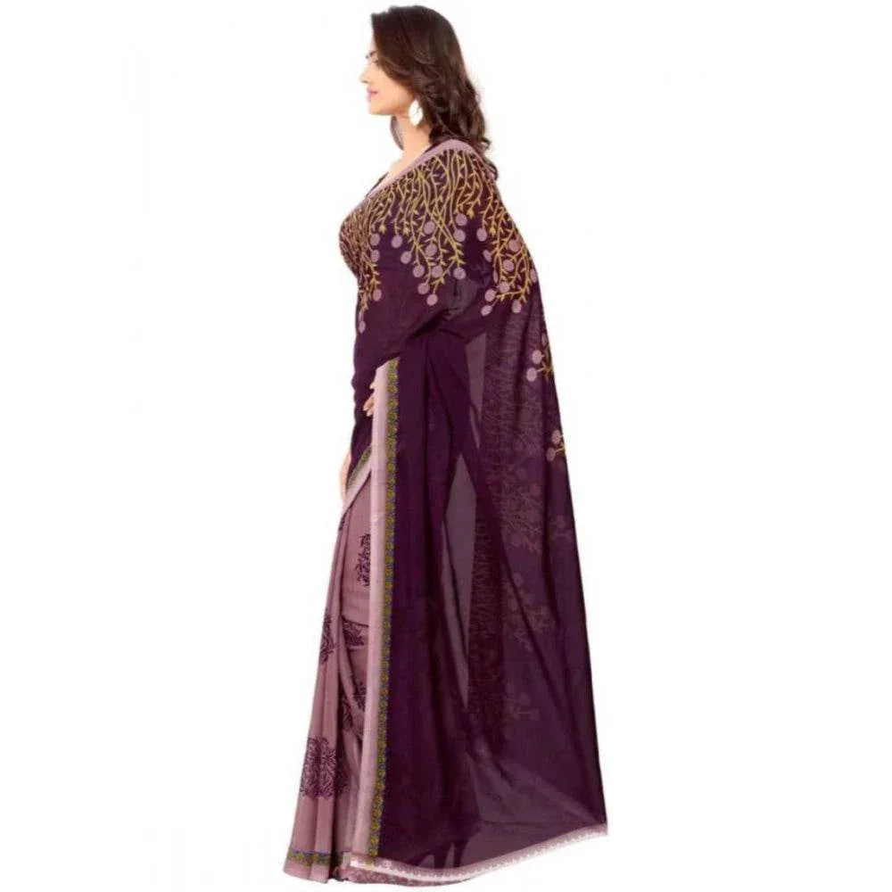 Generic Women's Faux Georgette Printed Saree With Unstitched Blouse 5.5Mtr (Wine) - MYLUXURY LANE ENTERPRISE