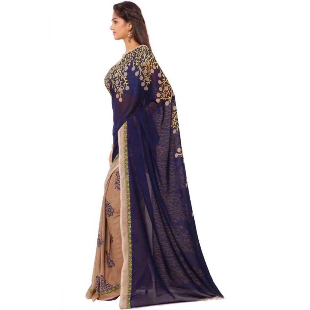 Generic Women's Faux Georgette Printed Saree With Unstitched Blouse 5.5Mtr (Blue) - MYLUXURY LANE ENTERPRISE