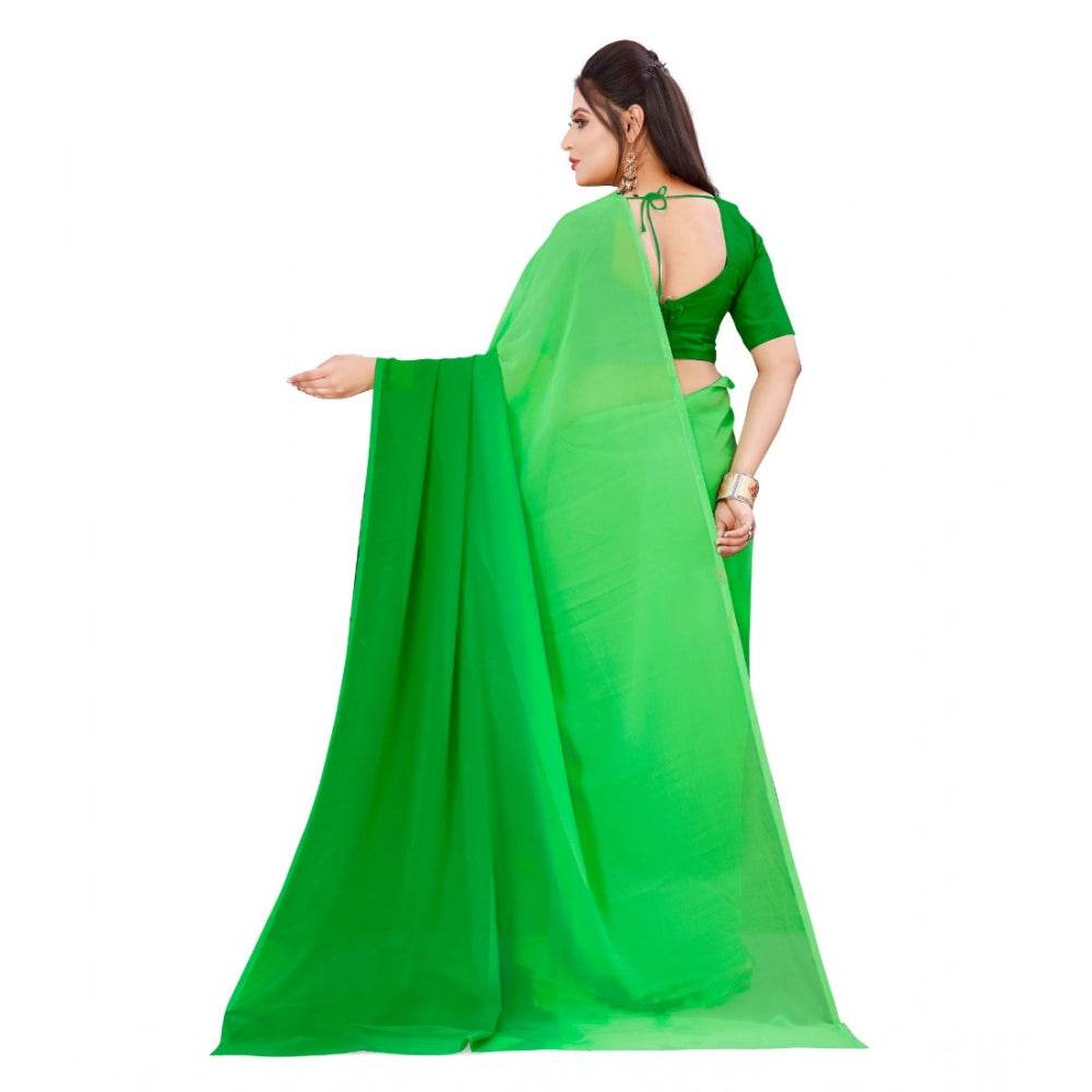 Generic Women's Georgette Solid Saree With Unstitched Blouse 5.5Mtr (Green) - MYLUXURY LANE ENTERPRISE