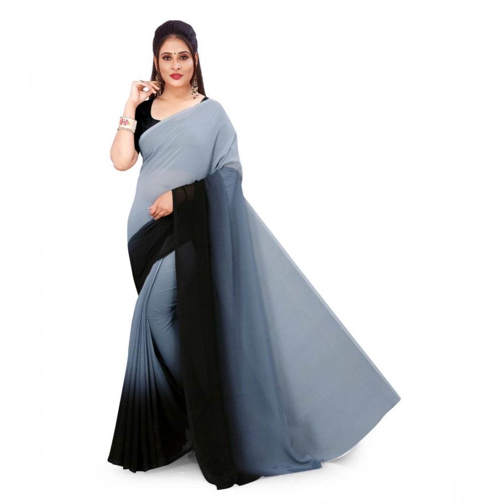 Generic Women's Georgette Solid Saree With Unstitched Blouse 5.5Mtr (Grey) - MYLUXURY LANE ENTERPRISE