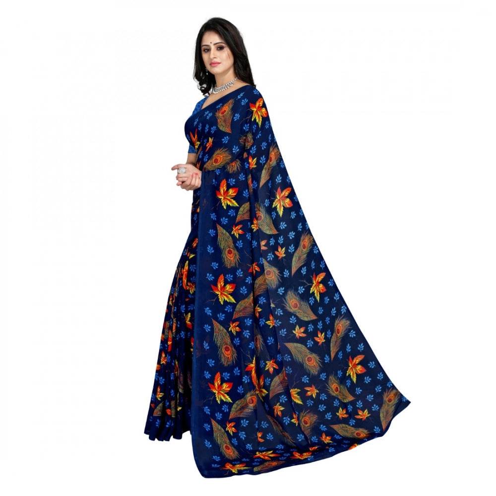 Generic Women's Faux Georgette Printed Saree With Unstitched Blouse 5.5Mtr (Blue) - MYLUXURY LANE ENTERPRISE