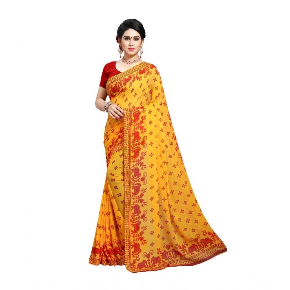 Generic Women's Georgette Printed Saree With Unstitched Blouse 5.5Mtr (Red) - MYLUXURY LANE ENTERPRISE