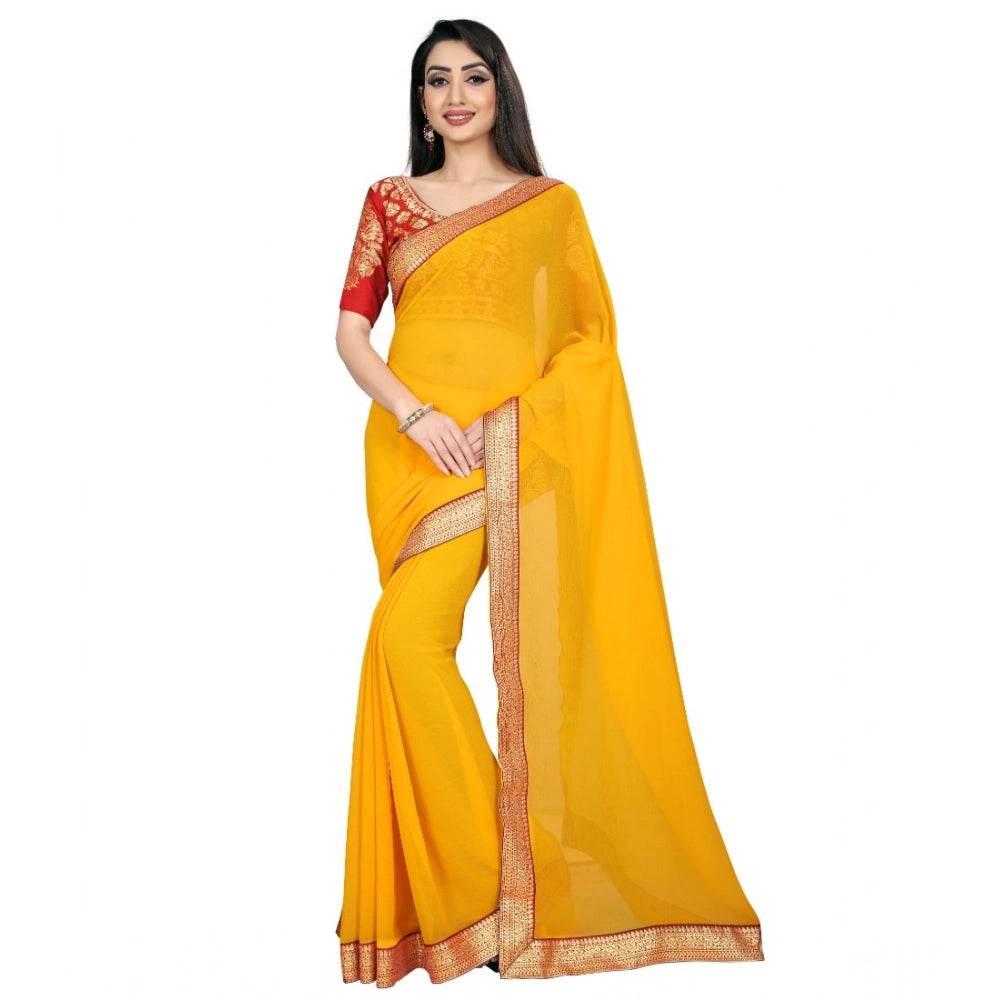 Generic Women's Chiifon Saree Printed Saree With Unstitched Blouse 5.5Mtr (Yellow) - MYLUXURY LANE ENTERPRISE