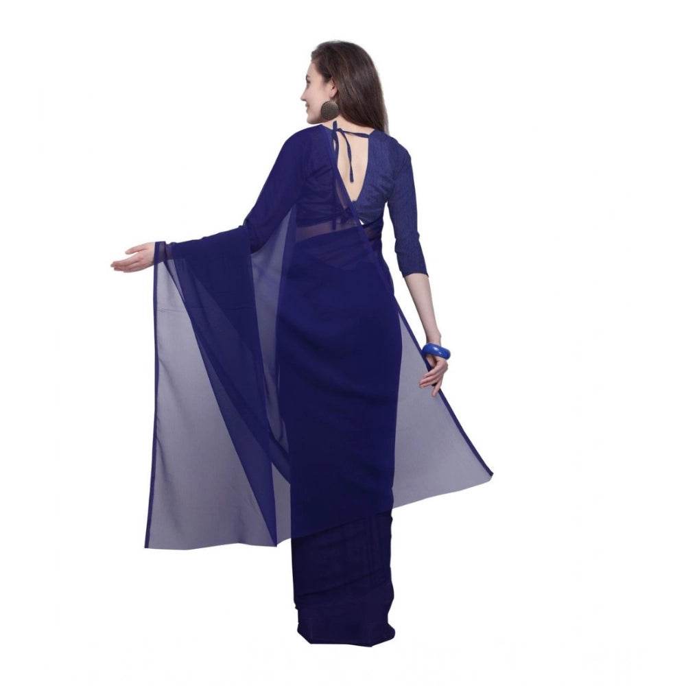 Generic Women's Dyed Solid Saree With Unstitched Blouse 5.5Mtr (Dark Blue) - MYLUXURY LANE ENTERPRISE
