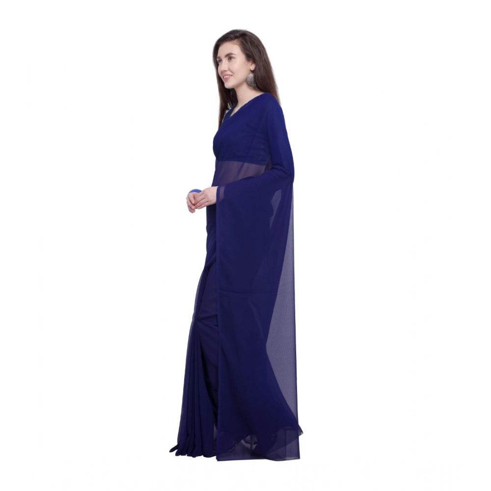 Generic Women's Dyed Solid Saree With Unstitched Blouse 5.5Mtr (Dark Blue) - MYLUXURY LANE ENTERPRISE