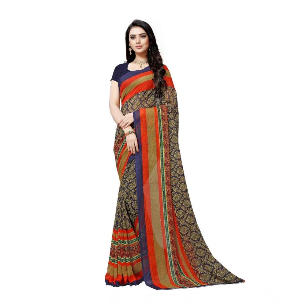 Generic Women's Georgette Printed Saree With Unstitched Blouse 5.5Mtr (Blue) - MYLUXURY LANE ENTERPRISE