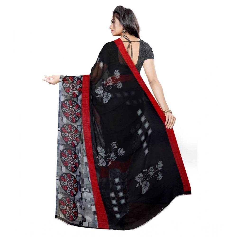 Generic Women's Georgette Printed Saree With Unstitched Blouse 5.5Mtr (Black) - MYLUXURY LANE ENTERPRISE