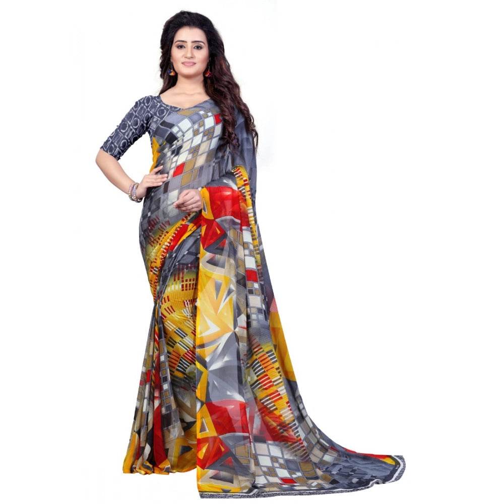 Generic Women's Faux Georgette Printed Saree With Unstitched Blouse 5.5Mtr (Grey) - MYLUXURY LANE ENTERPRISE