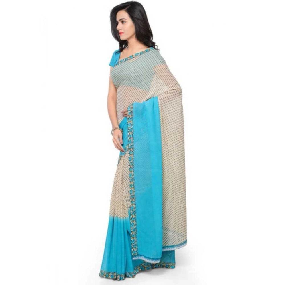Generic Women's Faux Georgette Printed Saree With Unstitched Blouse 5.5Mtr (Blue) - MYLUXURY LANE ENTERPRISE