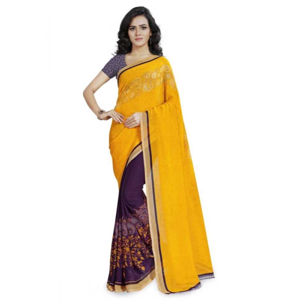 Generic Women's Faux Georgette Printed Saree With Unstitched Blouse 5.5Mtr (Yellow) - MYLUXURY LANE ENTERPRISE