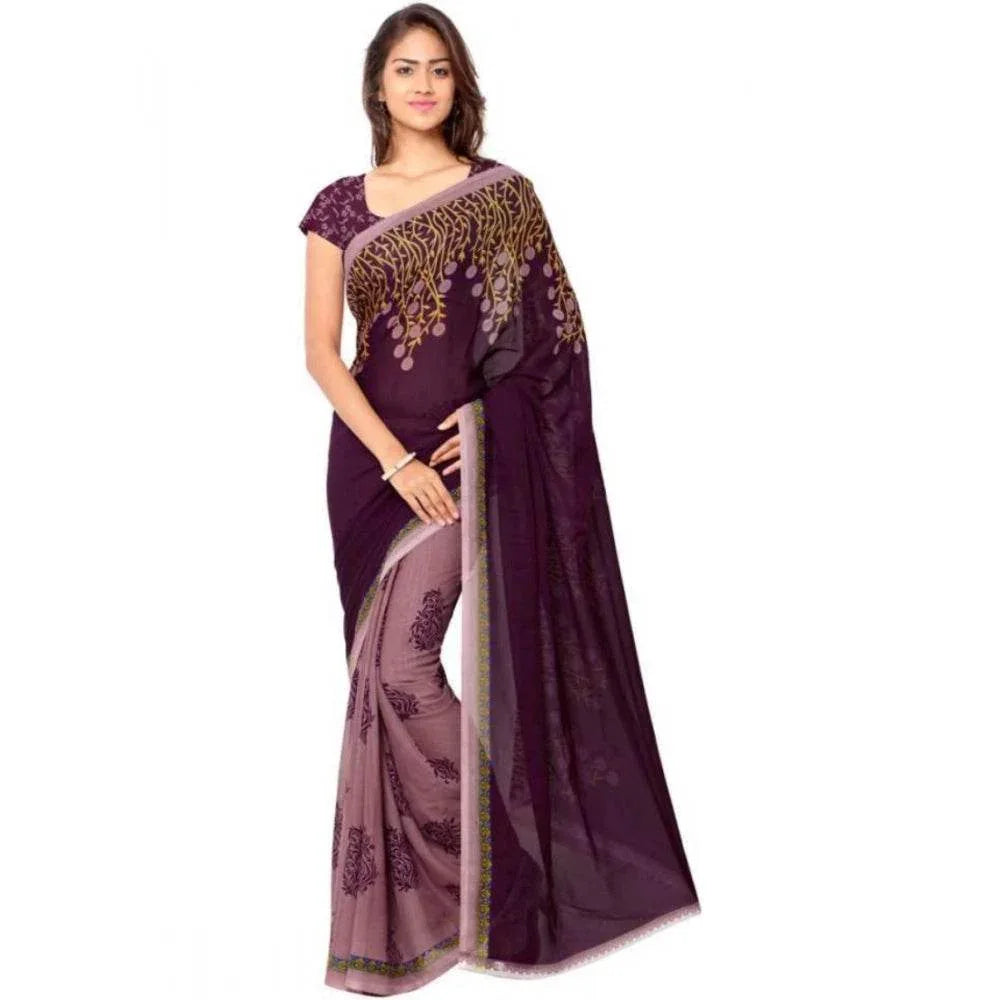 Generic Women's Faux Georgette Printed Saree With Unstitched Blouse 5.5Mtr (Wine) - MYLUXURY LANE ENTERPRISE