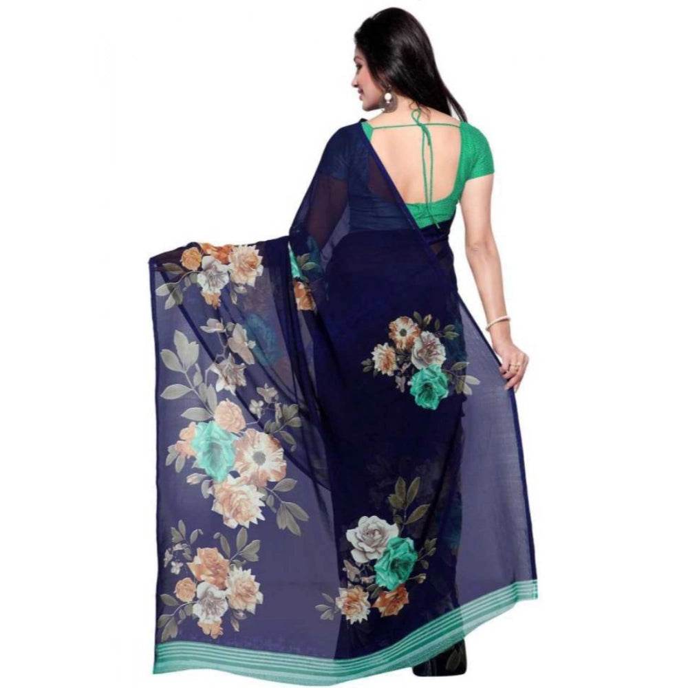 Generic Women's Faux Georgette Printed Saree With Unstitched Blouse 5.5Mtr (Blue) - MYLUXURY LANE ENTERPRISE