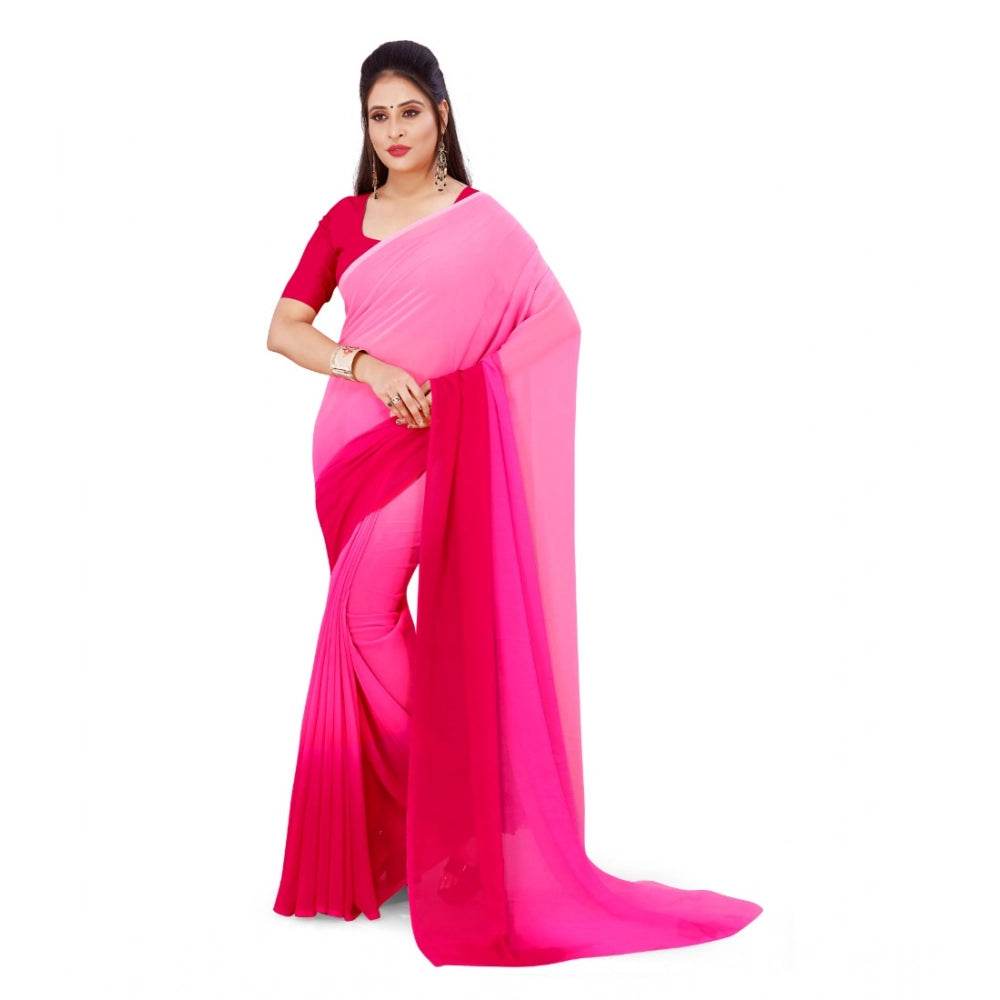 Generic Women's Georgette Solid Saree With Unstitched Blouse 5.5Mtr (Pink) - MYLUXURY LANE ENTERPRISE