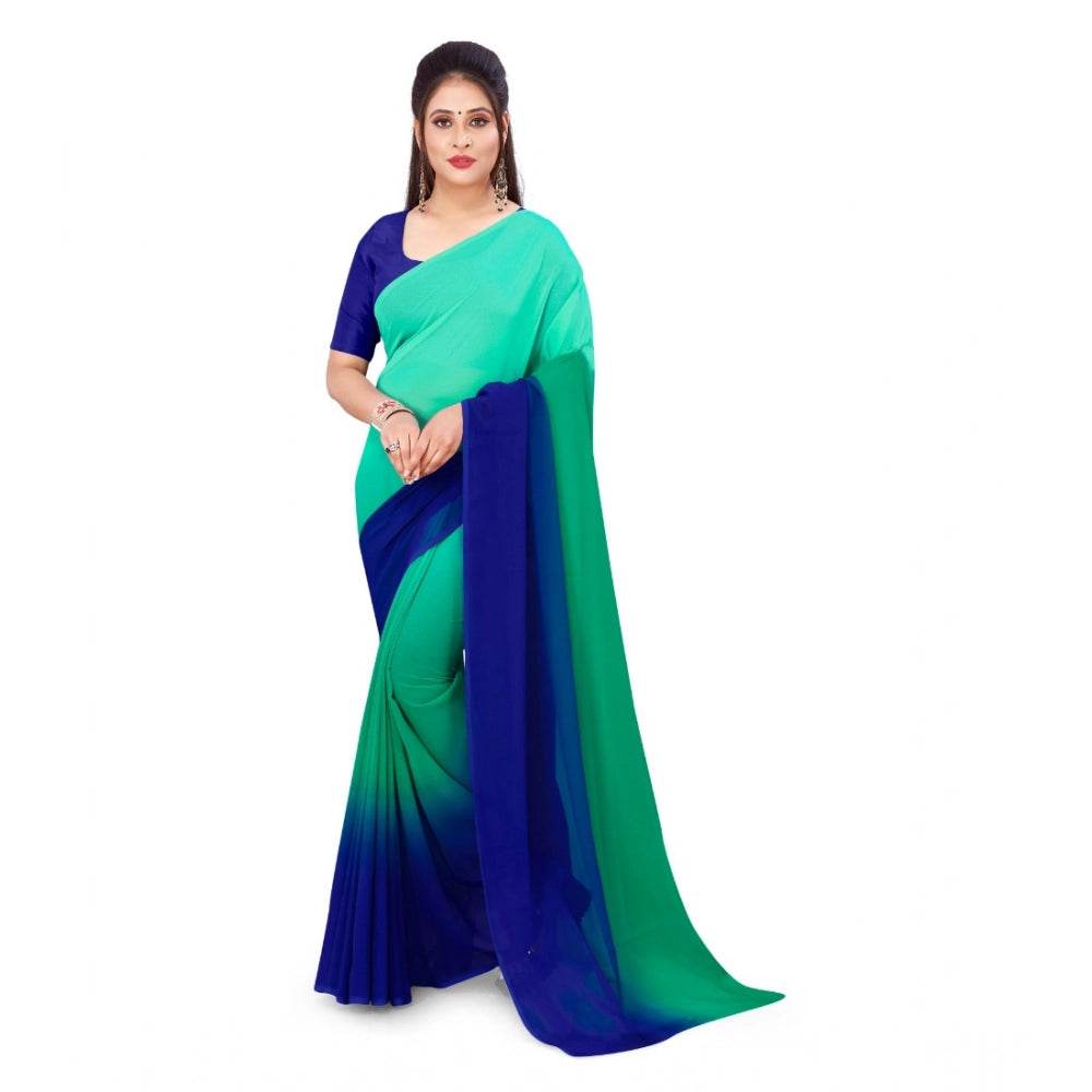 Generic Women's Georgette Solid Saree With Unstitched Blouse 5.5Mtr (Turquoise Green) - MYLUXURY LANE ENTERPRISE