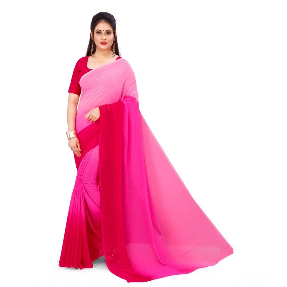 Generic Women's Georgette Solid Saree With Unstitched Blouse 5.5Mtr (Pink) - MYLUXURY LANE ENTERPRISE