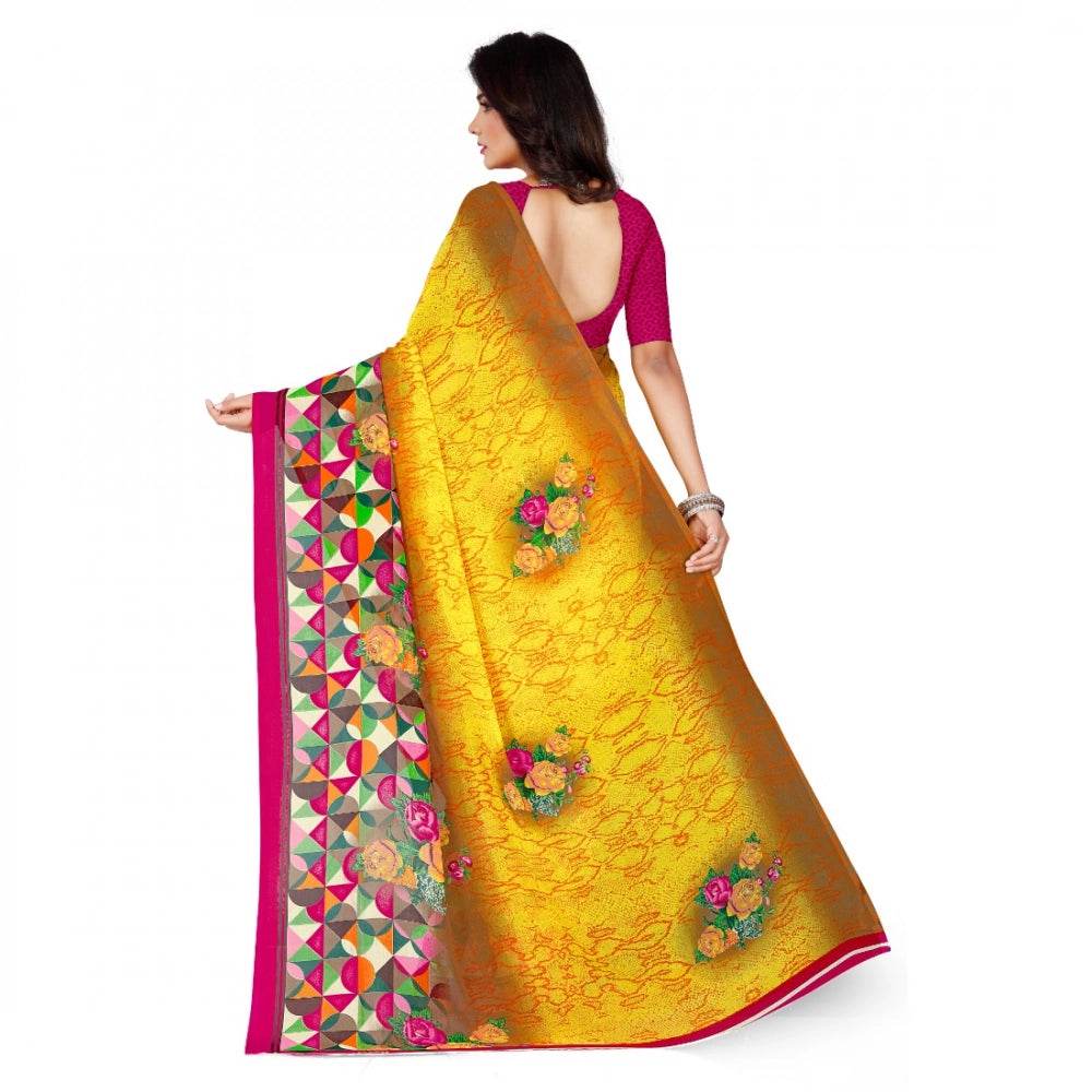 Generic Women's Faux Georgette Printed Saree With Unstitched Blouse 5.5Mtr (Yellow) - MYLUXURY LANE ENTERPRISE