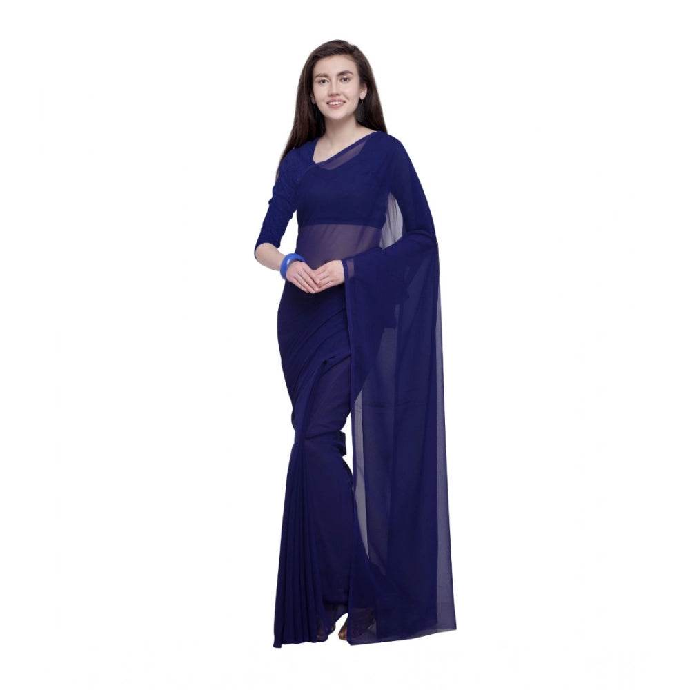 Generic Women's Dyed Solid Saree With Unstitched Blouse 5.5Mtr (Dark Blue) - MYLUXURY LANE ENTERPRISE