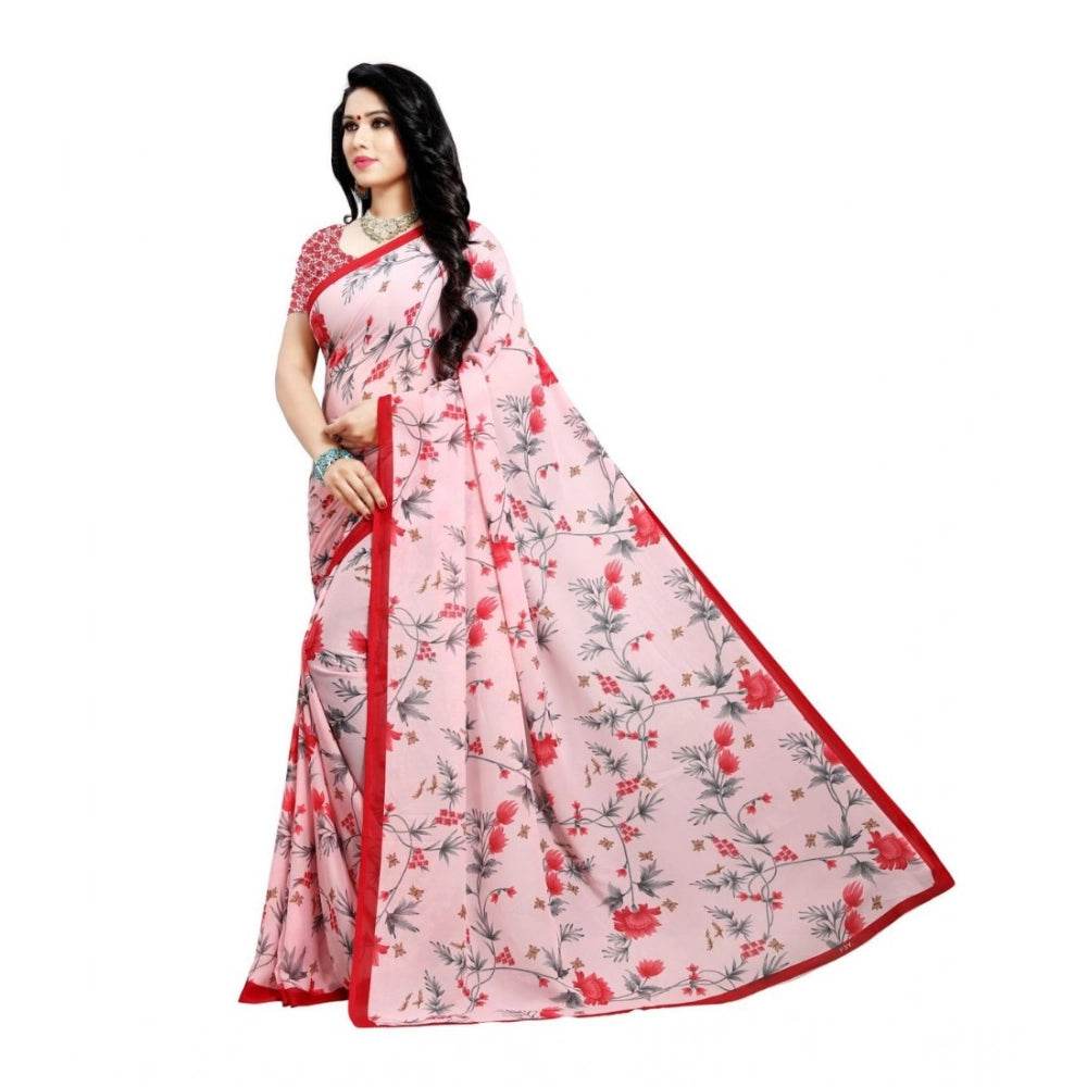 Generic Women's Georgette Printed Saree With Unstitched Blouse 5.5Mtr (Peach) - MYLUXURY LANE ENTERPRISE