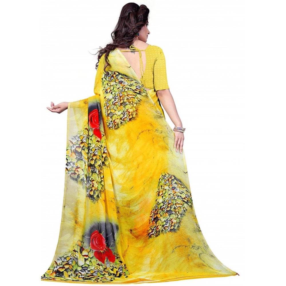 Generic Women's Faux Georgette Printed Saree With Unstitched Blouse 5.5Mtr (Yellow) - MYLUXURY LANE ENTERPRISE