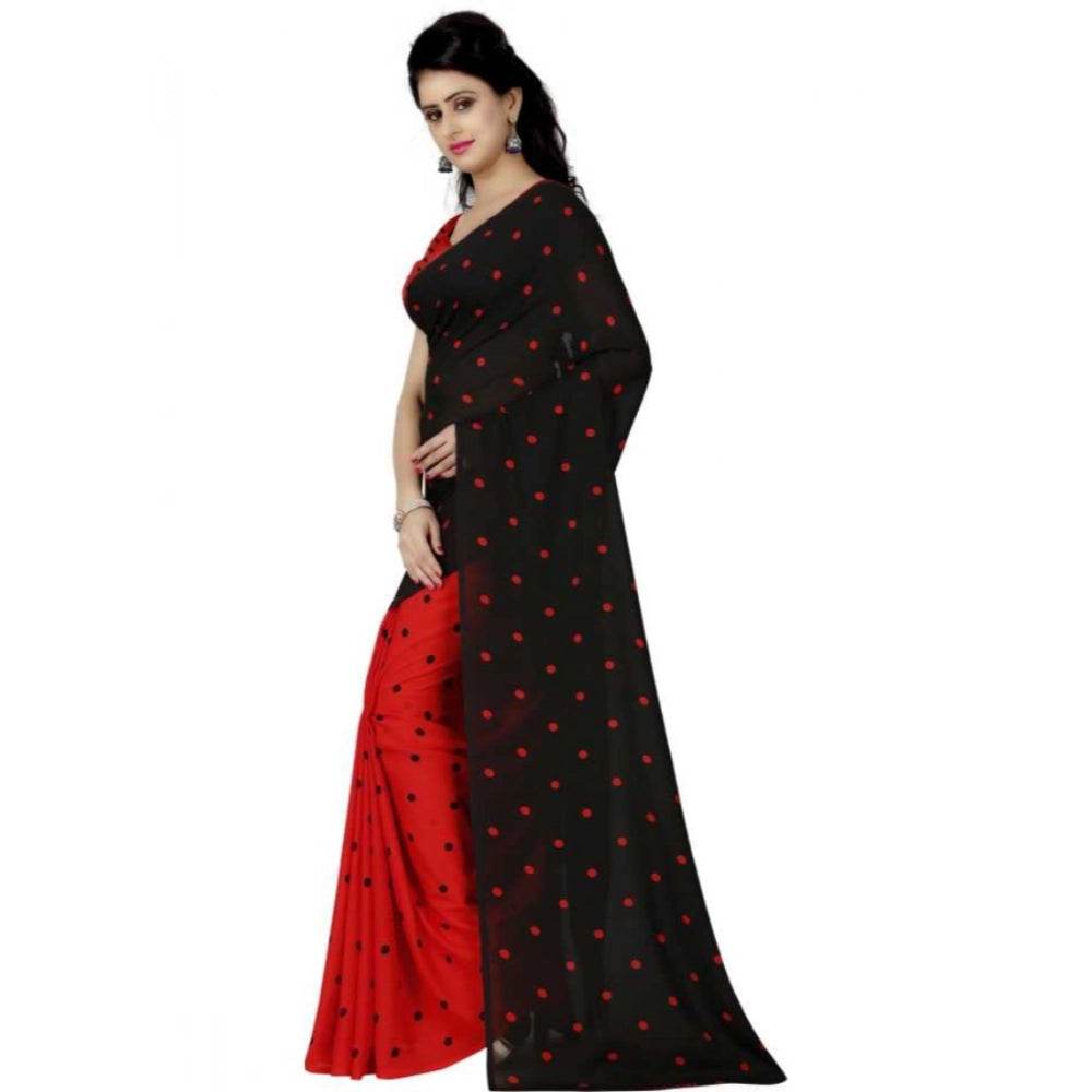 Generic Women's Faux Georgette Printed Saree With Unstitched Blouse 5.5Mtr (Red black) - MYLUXURY LANE ENTERPRISE