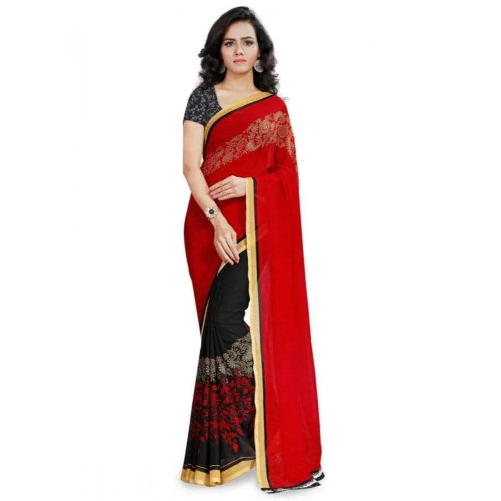 Generic Women's Faux Georgette Printed Saree With Unstitched Blouse 5.5Mtr (Red) - MYLUXURY LANE ENTERPRISE