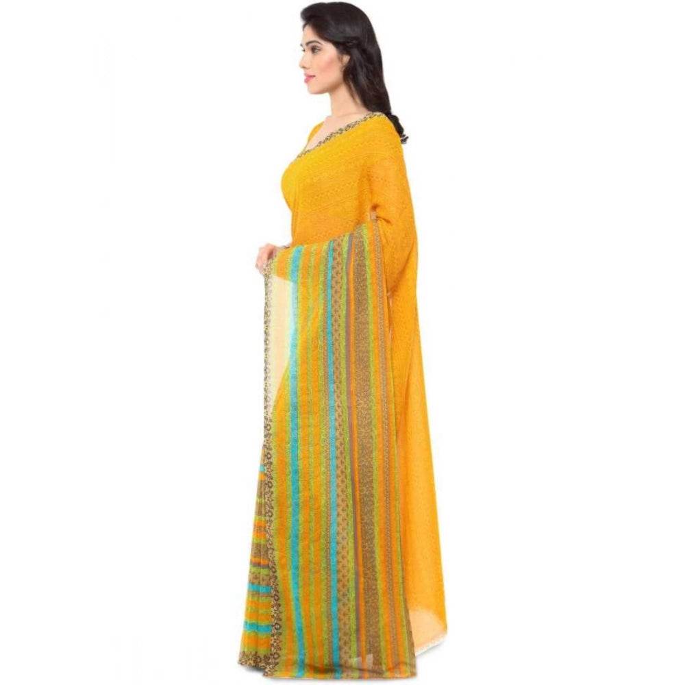 Generic Women's Faux Georgette Printed Saree With Unstitched Blouse 5.5Mtr (Yellow) - MYLUXURY LANE ENTERPRISE