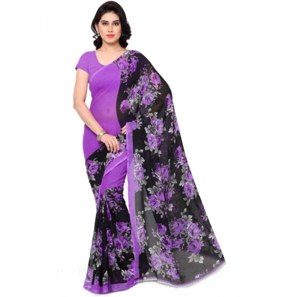 Generic Women's Faux Georgette Printed Saree With Unstitched Blouse 5.5Mtr (Purple) - MYLUXURY LANE ENTERPRISE