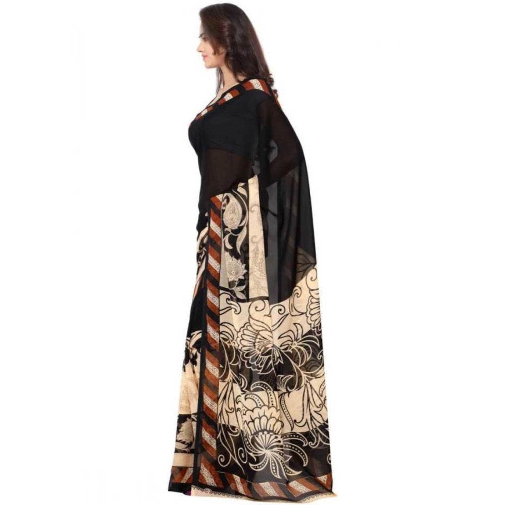 Generic Women's Faux Georgette Printed Saree With Unstitched Blouse 5.5Mtr (Black) - MYLUXURY LANE ENTERPRISE
